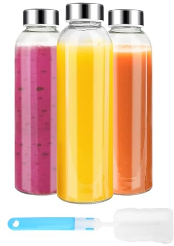 Luxfuel Botellas de vidrio transparente con tapas, botellas de agua de vidrio reutilizables con tapa de acero inoxidable para jugos, refrigerador, 100% a prueba de fugas, sin BPA, ecológicas, juego de