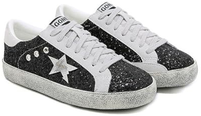 Dammode stjärna sneaker glitter glittrande mode glänsande vardaglig bling paljett konsertskor kanvas låg topp snörning bekväm vadderad promenader för gata bröllop fest nattklubb, S10 Svart, 40 EU