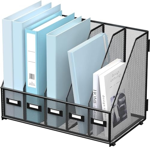 SUPTIDY Organizzatore da scrivania in metallo, portariviste con 5 scomparti verticali, organizzatore per ufficio, scrivania, postazione di lavoro, colore nero