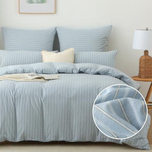 SOULFUL Bettwäsche 135x200 Baumwolle Gestreift, 100% Gewaschene Baumwolle Blau Bettwäsche-Sets mit Reißverschluss öKotex Zertifiziert Enthält 1 Bettbezug 135x200 und 1 Kissenbezüge 80x80