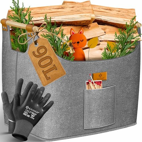 KESSER® Cesta para leña de 60 litros, bolsa de fieltro extra grueso, cesta plegable con asas de madera reforzadas, cesta de almacenamiento para madera, periódico o leña, incluye guantes de trabajo