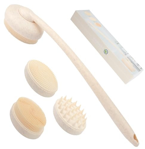 FREATECH 3-in-1 Silikon Körper-Rückenschrubber mit Langem, Gebogenem Griff & 3 Wechselbürsten, Bade, Dusch, Körperbürste, Peelingbürste, Haarmassagegerät, Kopfhautschrubber, Hygienisch und Nachhaltig