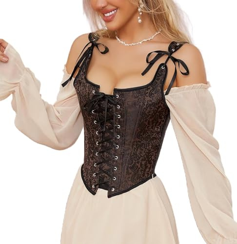 Bustier vintage floral pour femme, bustier galbant à lacets avec baleines sur la poitrine, café, M