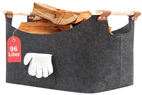 FINEW Cesta de madera para leña de chimenea de 90 L, con guantes, 60 x 40 x 40 cm, gran cesta de fieltro para guardar leña, periódicos, madera