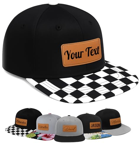 Personalized Snapback Trucker Hat – Custom Kids Baseball Cap with Leather Name Patch – Adjustable Mesh Flat Bill Hat for Boys & Girls – Baby, Youth & Adult Sizes (Kid (4yrs-8yrs), Checker)