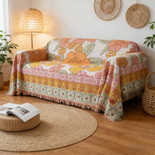 Lifevc Cotton Crochet Sofa Cover, Orange Floral Pattern 2 Cushion Loveseat Cover, Machine Washable Durable 1 Piece Universal Furniture Cover for Living Room, 71x118