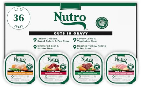 Nutro Natural Choice Cuts in Gravy Wet Dog Food, Grain Free Dog Food Wet Recipes, Beef, Lamb, Chicken, and Turkey Variety Pack, 3.5 oz. Trays (36 Count)