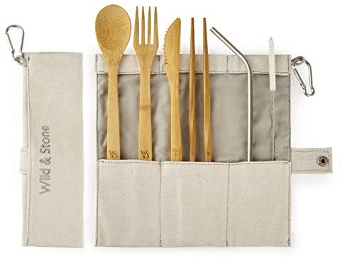 Wild & Stone | Bamboo Cutlery | Portable Cutlery Set | Reusable Cutlery Set with Case for Wild Camping, Travel, Festivals | Spoon, Fork, Knife, Chopsticks & Straw in Linen Bag