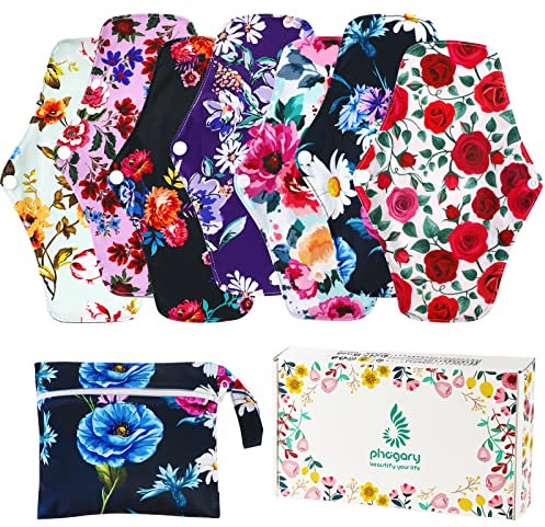 PHOGARY 7 Pack Reusable Menstrual Pads, Washable Overnight Sanitary Pads Breathable Mesh Surface Cloth Panty Liners for Heavy Flow with Wet Bag