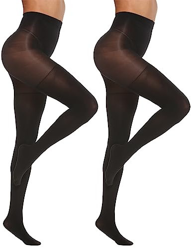 MANZI Strumpfhosen Für Damen Hoher Taille mit Bauchweg Butt Lift Effekt Blickdichte Stützstrumpfhose 70 Den 2 Paar Schwarz M