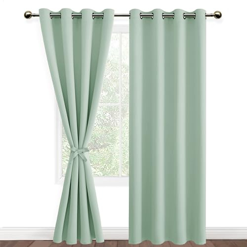 DWCN Blackout Curtains with Tiebacks for Bedroom Thermal Insulated Solid Eyelet Curtains for Living Room,2 Panels,52 Wide x 84 Drop Bean Green