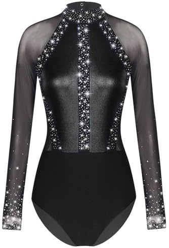 JEYPINMI Women's Metallic Gymnastic Leotard Bodysuit Tops Party Dance Costume Dancewear Black Medium