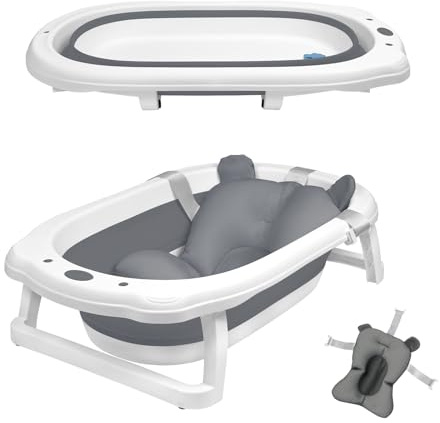 NAIZY Babybadewanne 82x50cm Faltbar Baby Bath Wanne Anthrazit PP+PTE Babywanne mit Rutschfeste Fußpolster Badewanne Für Babys Kinder (mit Sitzkissen)