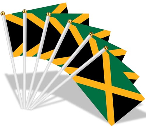 AhfuLife 30 st Jamaica-flaggor på pinnar för festdekorationer, 14 x 21 cm handhållna karibiska flaggor, små jamaicanska flaggor med 30 cm vit stolpe för kulturdagen nationaldag sport trädgård
