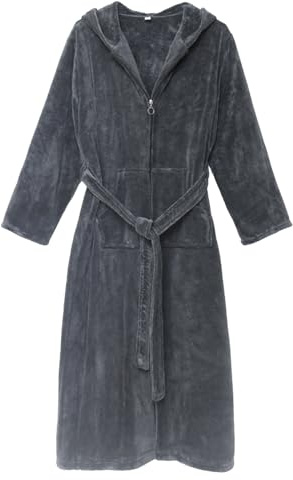 YOSUWOAI Albornoz con capucha cálido grueso bata con cremallera Lnag manga larga ropa de dormir de franela suave y cómoda bata de casa de forro polar monocolor pijama acogedor, O gris., L