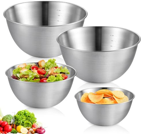 SUNOYA Lot de 4 bols mélangeurs en acier inoxydable, 0,8 l, 1,2 l, 1,5 l, en métal, avec graduation, pour mélanger la salade de fruits, le riz et les pâtes