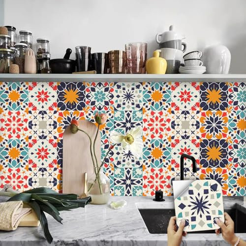Kitchen Tile Stickers 15cm x 15cm Red, Grey, Blue Stick on Tiles Tile Stickers for Bathroom Stick on Wall Tiles Backsplash for Kitchen Stick on Tiles Self-Adhesive Vinyl Home Decoration （10 Pieces）