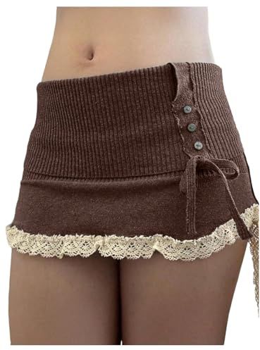 GORGLITTER Women's Lace Bodycon Mini Skirts Y2k Bow High Waisted Color Block Sweater Knit Pencil Skirts Coffee Brown Large