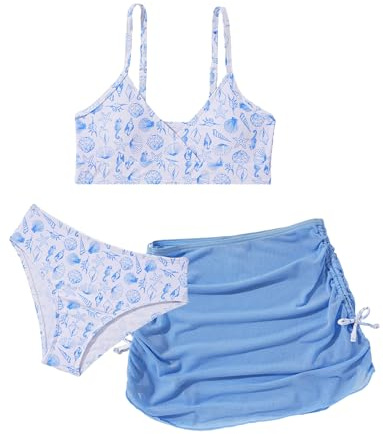 SEAUR Chica Conjunto Bikini con Falda 3 Piezas Traje de Baño Moda Impreso Bikini Set Niño Verano Playa Piscina 120-170, Cáscara azul, 140 cm