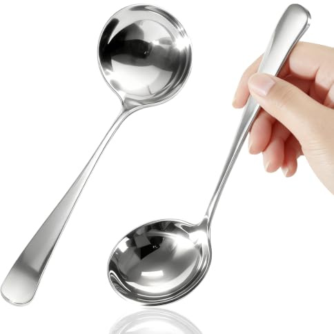 Set de 2 Cucharón para Servir, Cucharones Pequeños de 20 cm en Acero Inoxidable 304, Cucharón para Salsa y Sopa Plateado, Brillo Espejo, Aptos para Lavavajillas