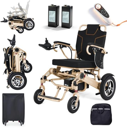 WEYRAL Silla de ruedas eléctrica plegable automática (dorada), mando a distancia, 700 W, silla de ruedas eléctrica, ancho de asiento de 51 cm, silla de ruedas eléctrica de hasta 40 km de alcance