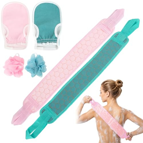 6-delat duschset med 2 x peelinghandskar, 2 x exfolierande duk, 2 x badsvamp – komplett kroppsskrubb för kvinnor, män och barn – mild rengöring och hudvård (rosa och blå)