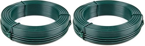 Alambre de hierro plastificado verde Ø2,2 mm Rollo 50 m Alambre metal recubierto PVC para ligadura jardín, alambre de tensión valla, DIY (Paquete de 2)