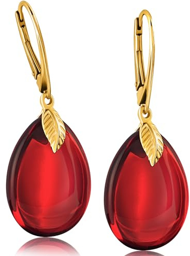 Amber by Mazukna Leverback Dangle Earrings for Women – Gold-Plated 925 Silver Drop Earrings with Natural Red Baltic Amber Piece, Lightweight Jewelry with Secure Closure for Everyday Elegance (Red Polished)