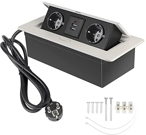 CPROSP Inbyggt uttag, vit bänkskiva, grenuttag för kök med 2 uttag + 2USB/kontakt/1,8 m kabel | Inbyggd eluttag bänkskiva med lock vit; för kök/skrivbord/arbetsbänk, fällbart möbeluttag