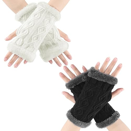 FANTESI 2 Pairs Fingerless Gloves for Women, Winter Thermal Arm Warmers Thicken Plush Wrist Warmers Fingerless Gloves Hand Warmers Gloves Fingerless Mittens for Women Girls Gifts