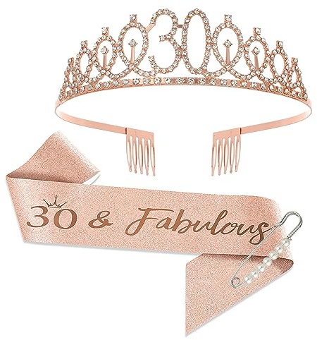 JurciCat 30 anni Compleanno Donna Decorazione Fascia e Tiara Oro Rosa Corona RegaliRegalo 30 anni Donna Per Decorazione Festa di Compleanno