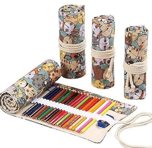 DIYOMR Estuche con 24/36/72 ranuras para lápices de colores artísticos, estuche enrollable para pinceles cortos, dibujo, colorear y organizador de bocetos, Gato tierno, 72slots, Envoltura para lápices