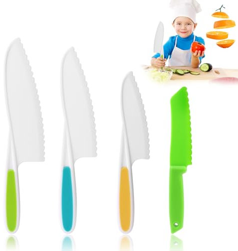 LDERFIV 4 Pezzi Coltelli per Bambini, Coltelli Bambini per Tagliare da 3 Anni, Set Coltelli Bambini per Tagliare e Cucinare Frutta o Verdura, Set Regalo per Bambini