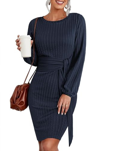 HOTOUCH Jumper Dress for Women Elegant Winter Knitted Dresses Ladies Sweater Round Neck Long Sleeve Bodycon Dress Midi Blau Lila L