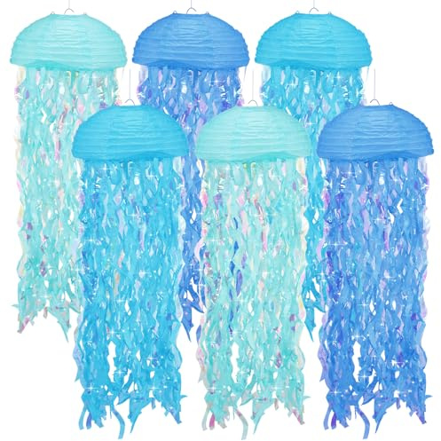 Jellyfish Paper Lanterns, 6Pcs Multi-Color Hanging Jelly Fish Paper Lanterns with String and Hooks Decoration for Mermaid Party, Birthday Party, Party Decorations (Multi-Colored A)