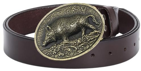 AGUTALITHIC Herren Damen Western Cowboy Klassischer Ledergürtel mit Wildschwein Schwein Bedruckt Handgefertigter Prägung Schnitzen Ovale Vintage-Schnalle(95cm/37, Brown)