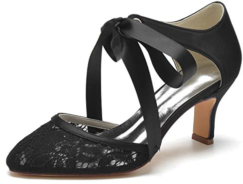 Lace Round Toe Bridal Shoes Wedding Shoes Low Heel Comfortable Pump Women Mary Jane Low Heels 6.5Cm,Black,5 UK