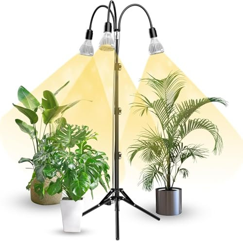 SANSI Lampada LED per Piante 90W con Treppiede, Lampada da Coltivazione a Spettro Completo da Interno con 3 Lampadine LED E27 Rimovibili, Collo D'oca a 360°, Stelo Estensibile da 40cm a 110cm