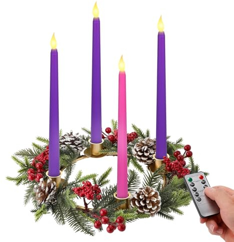 Christmas Advent Candle Wreath Set - 17.7in Christmas Wreath with Candle Holders, 4 Candles, Red Berries, Pinecones for Home Church Celebration Party Decoration (Battery Not Included)