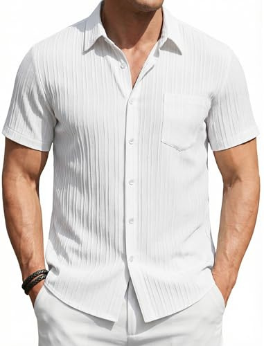 Enlision Mens Short Sleeve Shirts Pleated Button Down for Casual Summer | Anti-wrinkle Lightweight Breathable Easy Care Soft Textured Plain Smart Regular Fit Beach Vacation Holiday Wedding Travel