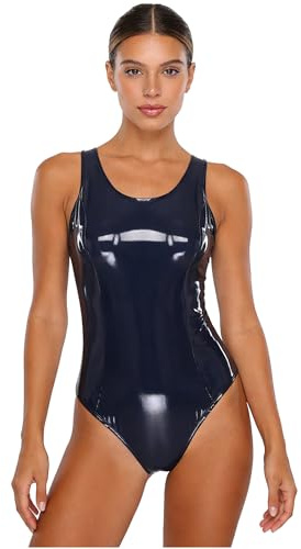 Msemis Dam wetlook body ärmlös baddräkt PU-läder ett stycke catsuit babydoll stringbody glänsande teddy jersey badkläder baddräkt underkläder rave party klubbkläder