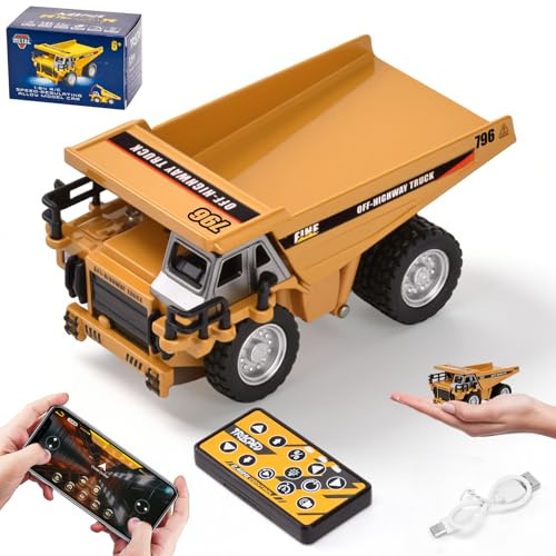 LTFIOON Mini Camión Volquete RC, 1:64 Camión Volquete Teledirigido de Metal con App y Mando 2,4 GHz, Vehículo de Construcción RC con Luces y Sonido, 2 Velocidades, Recargable por USB