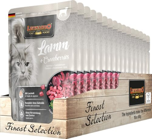 Leonardo Sacchetto salvafreschezza [16x85g Agnello + Cranberries] | Cibo umido senza cereali per gatti | Alimento completo umido in busta monoporzione