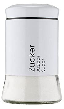 KHG Zuckerdose Glas & Edelstahl 500g mit Deckel, Zucker Behälter zur Aufbewahrung weiß & beschriftet, Set-Kombi möglich, Höhe: 18 cm & ∅ 11,5 cm, rund & groß