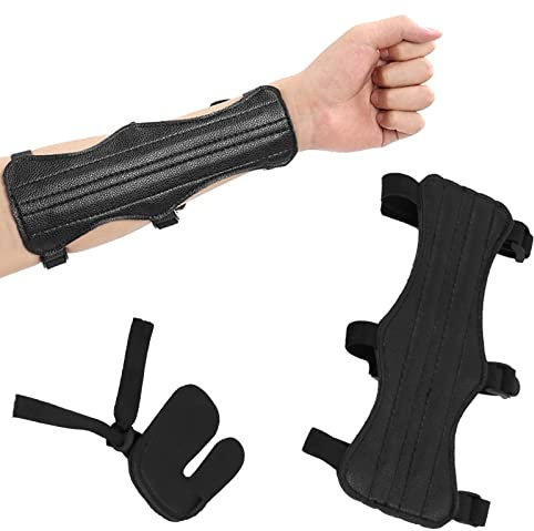 Kajkey Bogenschießen Armschutz Set Mit Handschuh, Unterarmschutz Leder Archery Arm Guard, Für Kinder-Jugend-Erwachsene-Anfänger, Schwarzer Fingerschutz