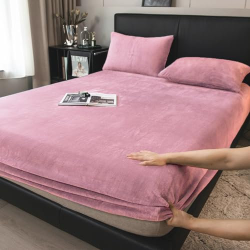 Boqingzhu Flauschige Plüsch Spannbettlaken 140x200cm Rosa Altrosa Winter Warm Flanell Fleece Biber Samt Cashmere Touch Spannbetttuch Kuschelig Bettlaken für 25 bis 30cm Matraze