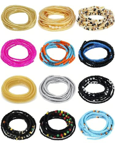 Fumete 12 Pcs Waist Beads Set Handmade African Belly Beads Chain Plus Size Body Jewelry Non Stretching Belly Chain for Women, 50 inch, cotton threads and glass beads, Created Opal