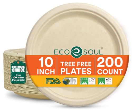 ECO SOUL Paper Plates (25Cm) 10 Disposable Plates - Natural (200-Pack) | Bagasse Plates, Plastic-free & compostable, Microwave & freezer safe, Leak-resistant strength, Eco Friendly biodegradable