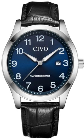 CIVO Reloj Hombre Fácil de Leer: 40mm Esfera Clara Correa de Cuero Negro - Impermeable Analogico Relojes de Pulsera con Punteros Luminosos Fecha para Personas Mayores con Mala Visión