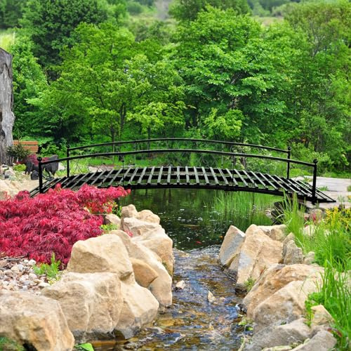 FURNDOOR 8 FT Metal Garden Bridge - Arc Footbridge with Siderails Extra Long Metal Bridges for Outdoor, Patio, Creek, Stream, Pond, Black